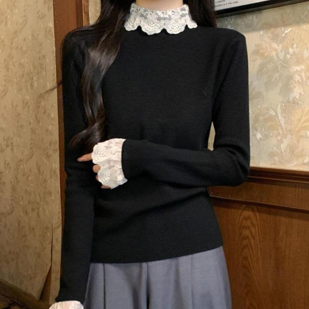 Korean Lace Patchwork High Neck Sweater - Slimming & Flattering Long Sleeve Top for Women