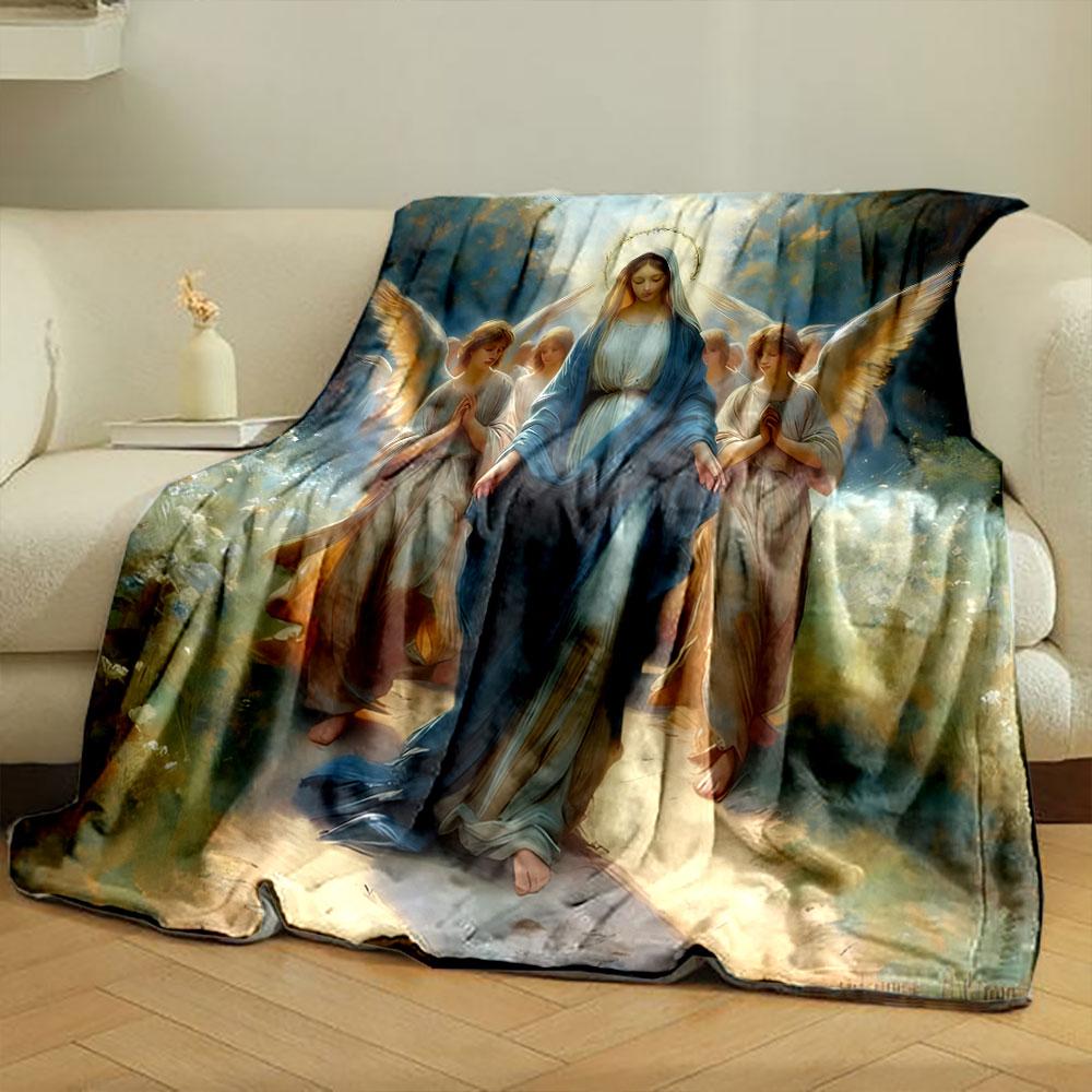 Our Lady with Angels Printed Blanket Printed Blanket for Living Room Bed Couch Lunch Break Soft Cozy Blanket for Friend's Festival Gift