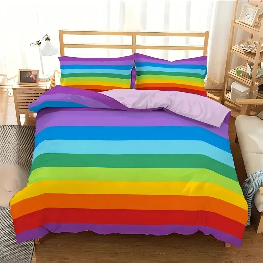 Dopamine Rainbow Stripe 3D Printed Duvet Cover Colorful Printed Bedding Light Luxury 3 Piece Set With 2 Pillowcases No Quilt