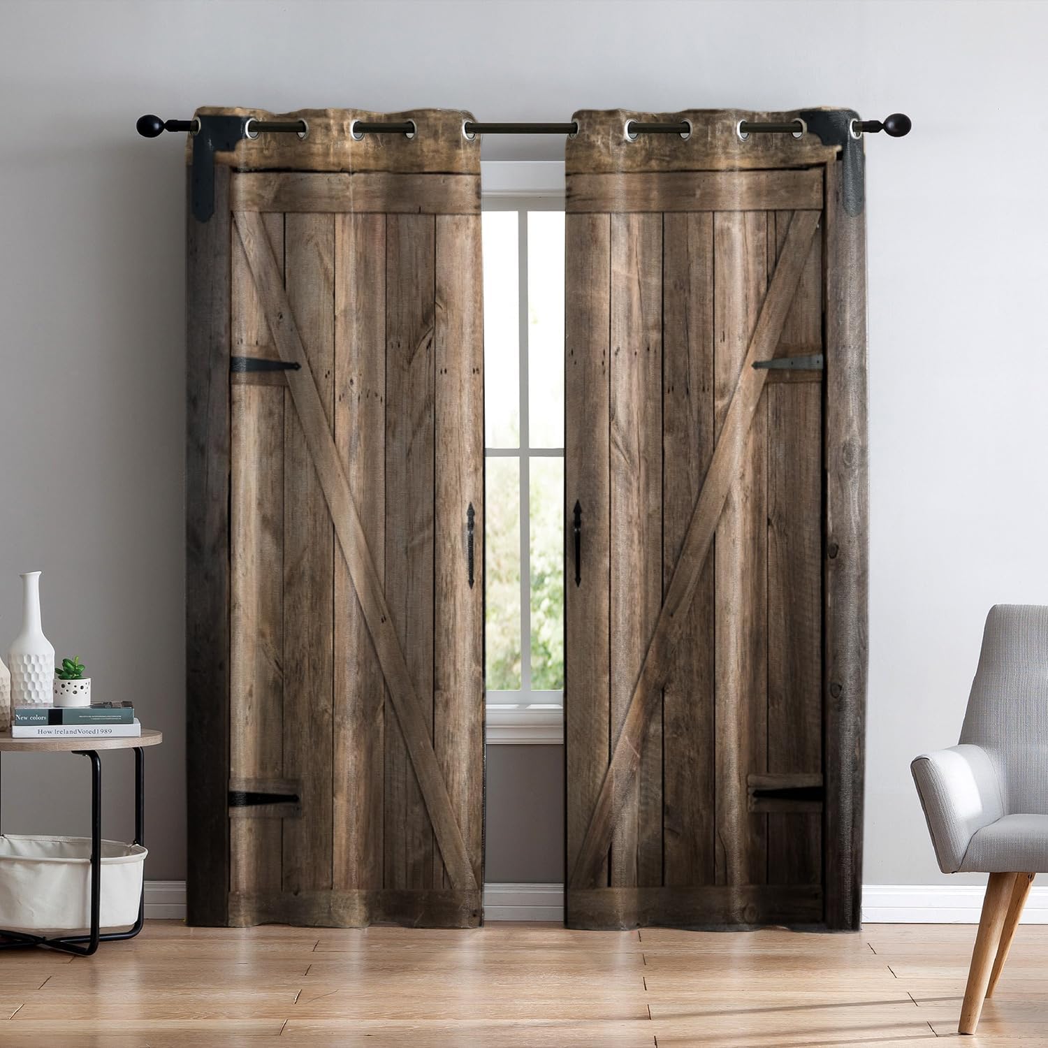 

Rustic Curtains Wooden Barn Door in Stone Farmhouse Image Vintage Style Desgin Rural Art Architecture Patterned Living Room Rest Room Window (W50H130cm)-2pcs&Rod Pocket