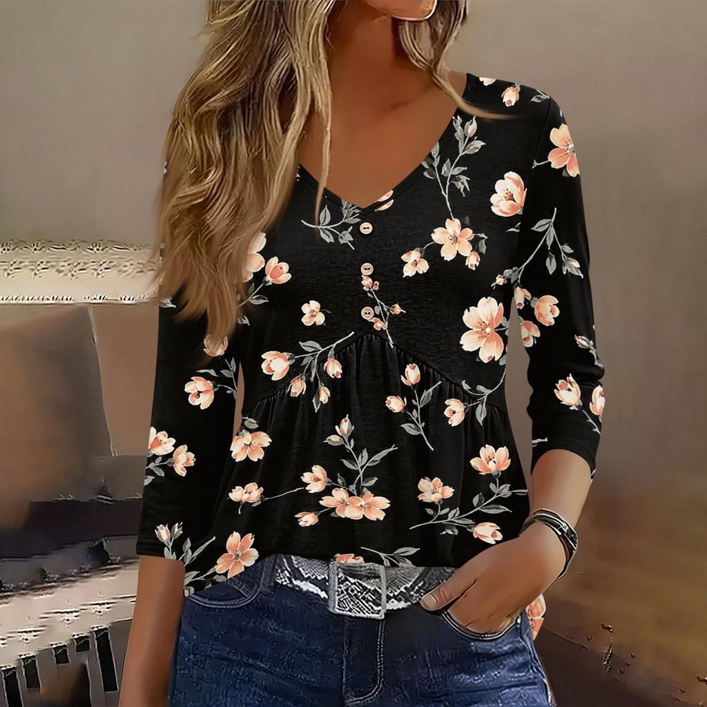 Damen 3/4 Ärmel V-Ausschnitt Knopfdetails Blumenmuster Tunika Oberteil Lässig Lockerer Schnitt Leichte Bluse