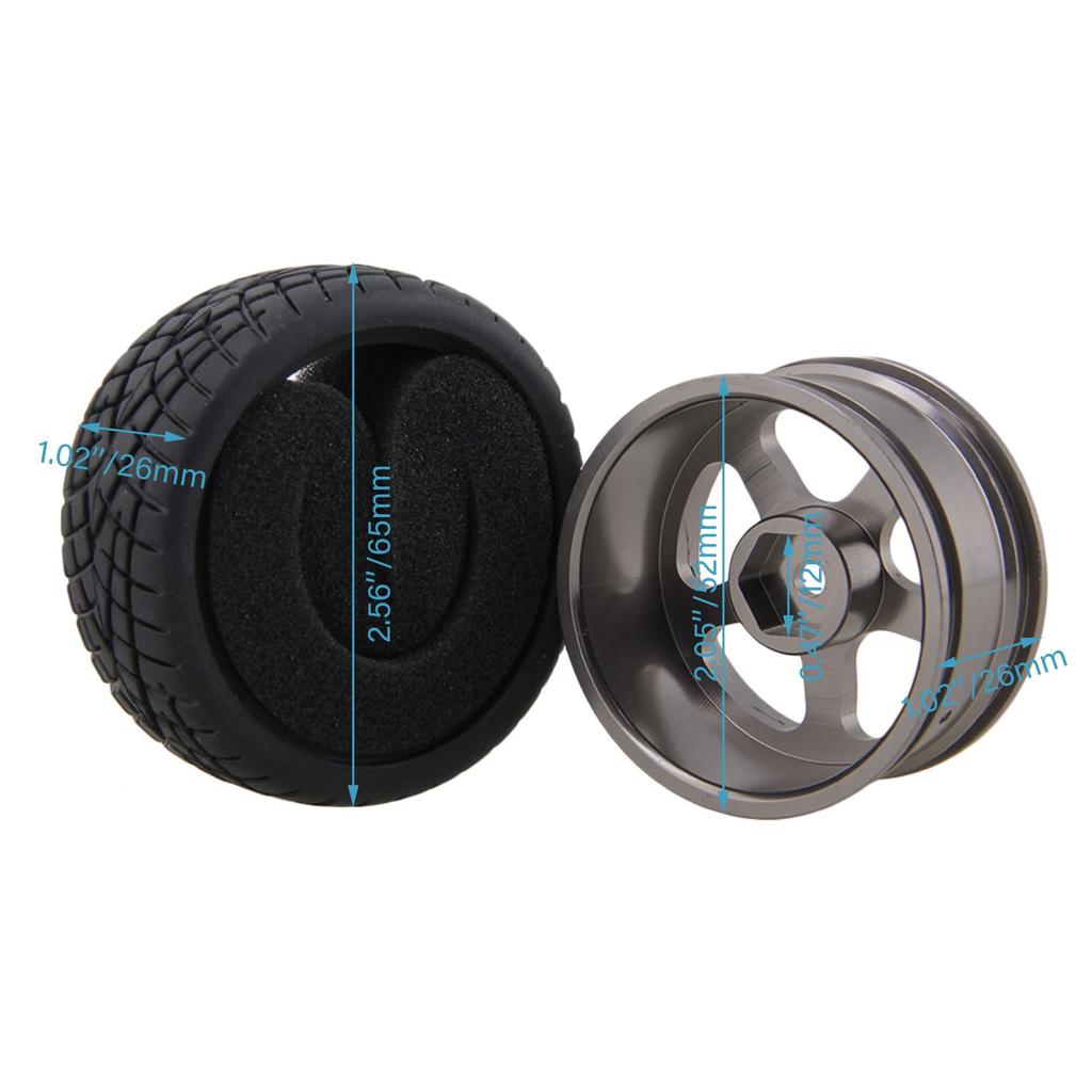 Mxfans 4pcs Black Fish Pattern Rubber Tires Aluminum Alloy Silver Grey 5 Spoke Wheel Rims for RC Car & 110 On-Road