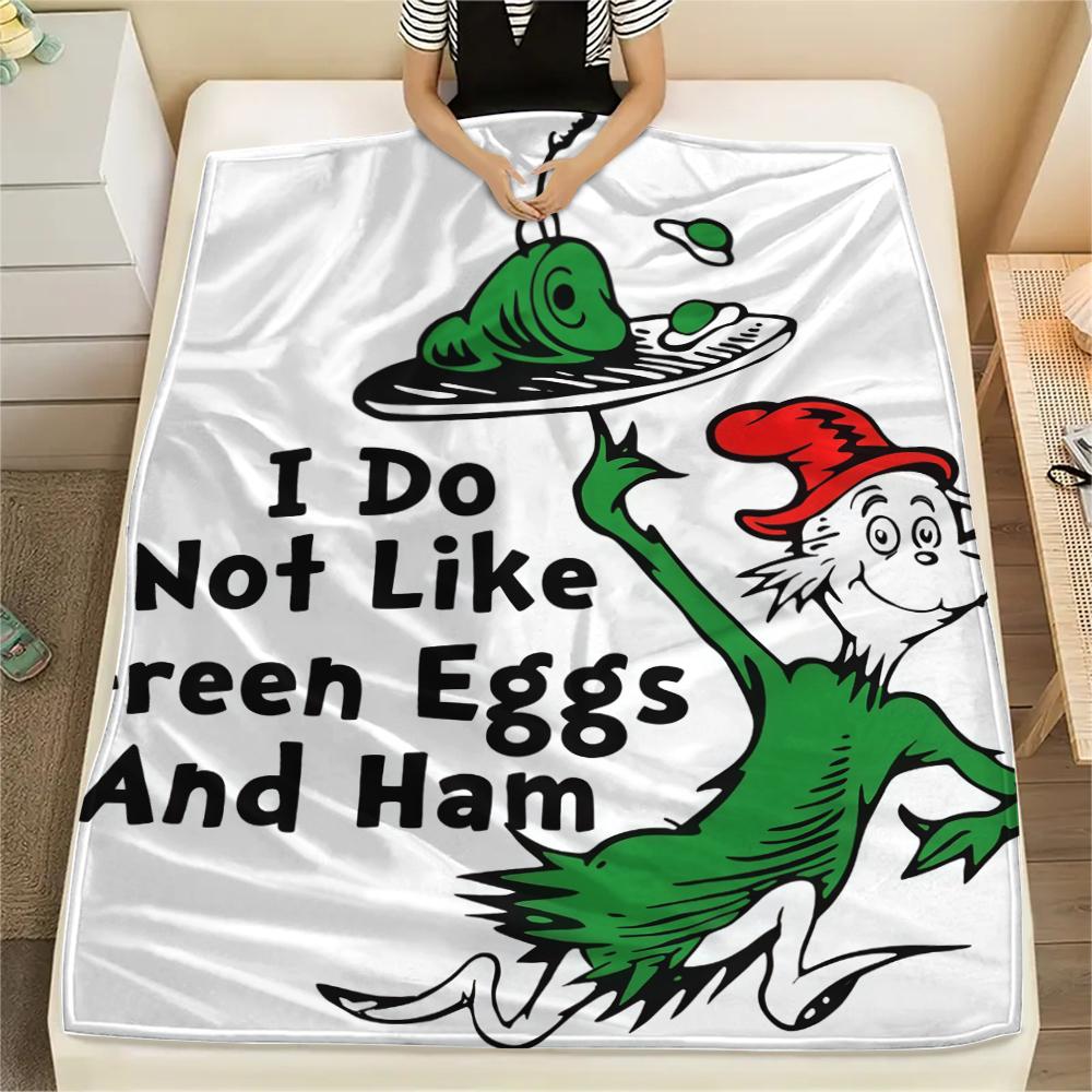 1PC Green Eggs and Ham Print Flannel Blanket, High quality All Seasons, Home Decor, Warmth and Comfort, Perfect for Christmas Gifts