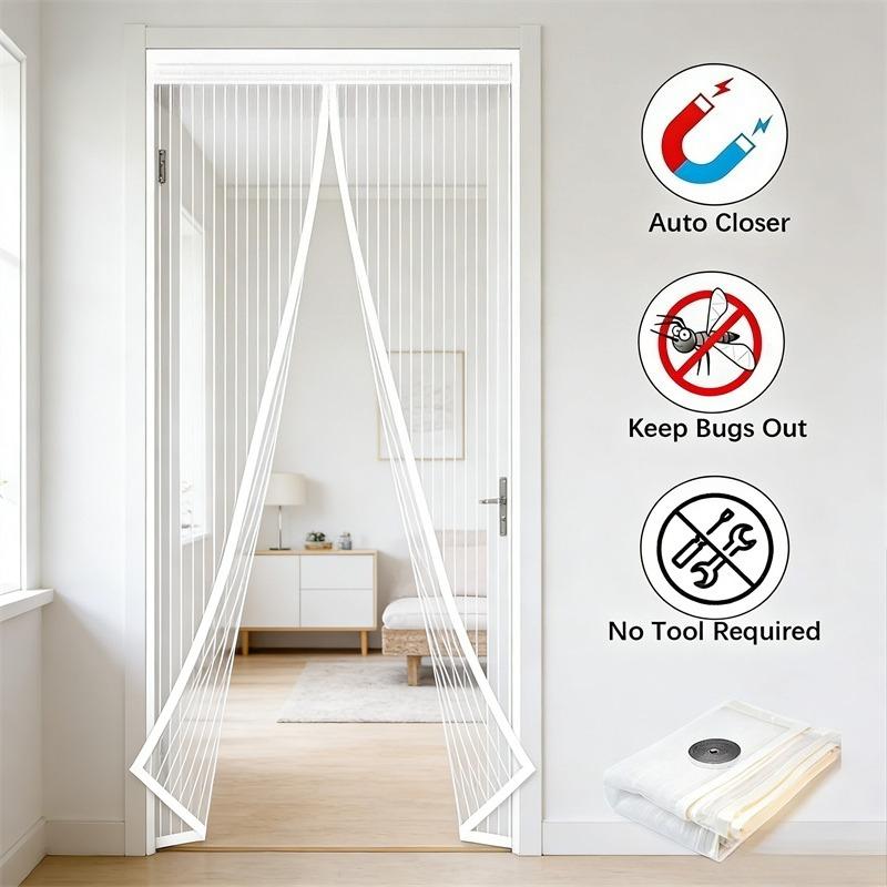 Magnetic Soft Mesh Door Curtain - No Magnetic Strip Threading, Summer Mosquito Proof, Dense Embroidered Screen
