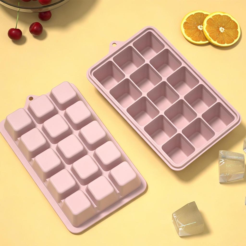 Square Silicone Ice Cubes Tray Mold 15-Grid With Lid Easy Release Food Grade Freezer Ice Molds Frozens Whiskey Ice Cubes Tray