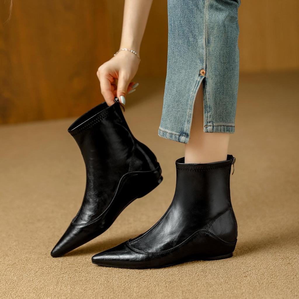 French Stretch Slimming Boots: Autumn/Winter Fleece-lined, Retro Style, Soft Leather, Inner Height Increase, Back Zipper Short Boots