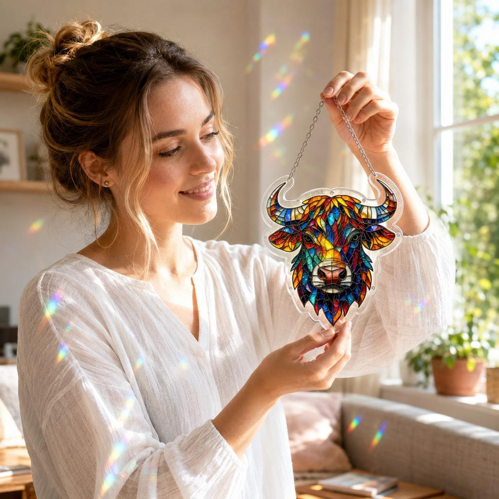 Suncatcher Window Hanging Acrylic Puzzle Ornament with Golden Bull Design for Home Decor