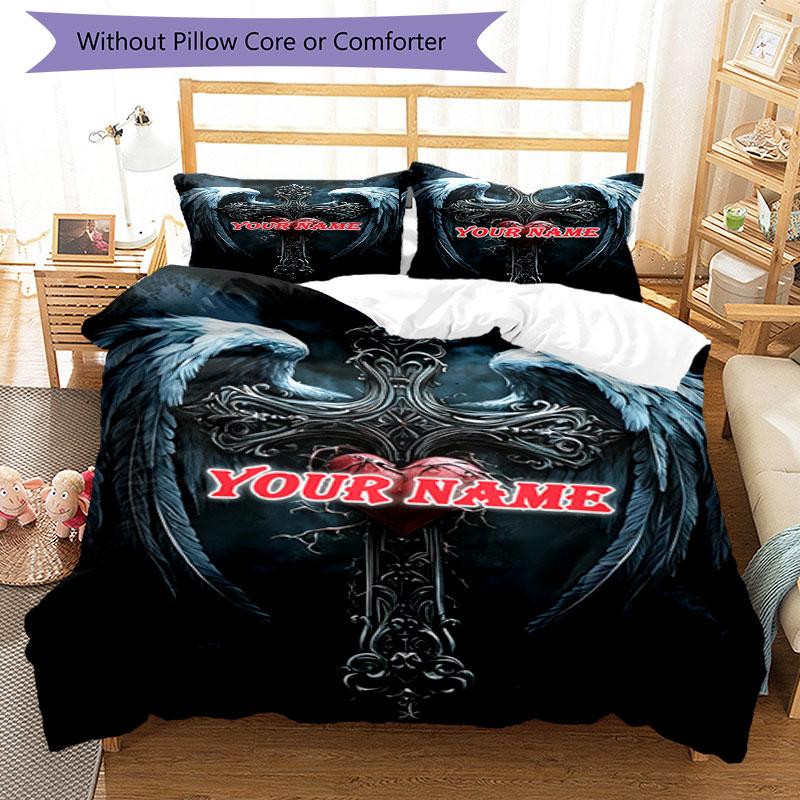3PC Custom Name "Angel Wings Cross Heart" Bedding Set Duvet Cover Closure Includes 1 Duvet Cover & 2 Pillowcases for Bedroom