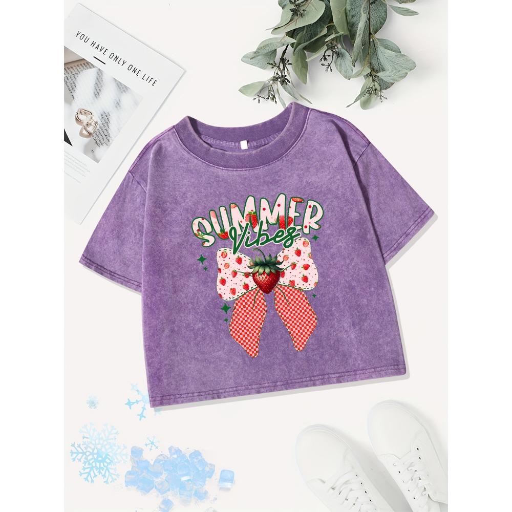 Casual Cotton Crop Tops Womens Summer Vibes Strawberry Prints Washed T-Shirts Distressed  Fit Tees Street Clothes