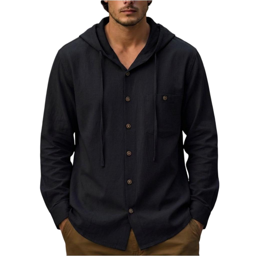 Men's Fashion Casual Cotton-Linen Hooded Padded Shirt - Men's Outdoor Lightweight Buttoned Long-Sleeved Shirt
