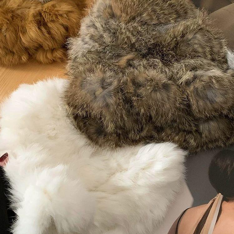 Women’s Hat Rabbit Fur Hat - Autumn Winter Warm Thickened Cold-proof Plush Bucket Hat