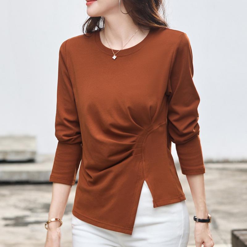 

Нерегулярная плиссированная женская футболка с длинными рукавами, нижняя рубашка, осеннее пальто, свободная утягивающая футболка, топ с разрезом Niche Design M