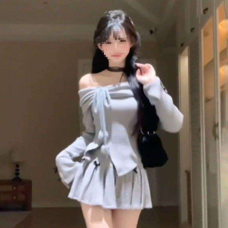Korean-Style Petite Women's Spring Outfit: Off-Shoulder Top & Pleated Mini Skirt Set