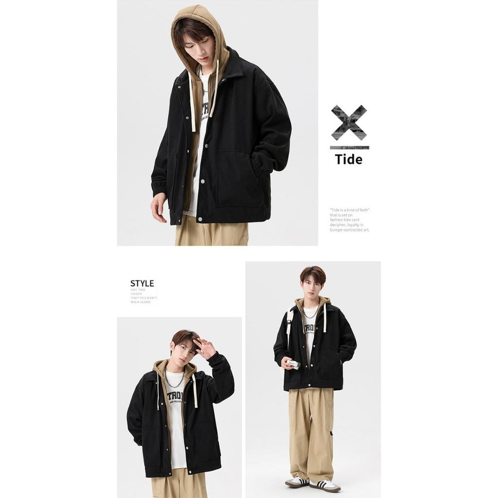 Couple's Corduroy Hooded Jacket with Thick Velvet for Autumn and Winter Men's Fake Two-piece Hoodie Jacket