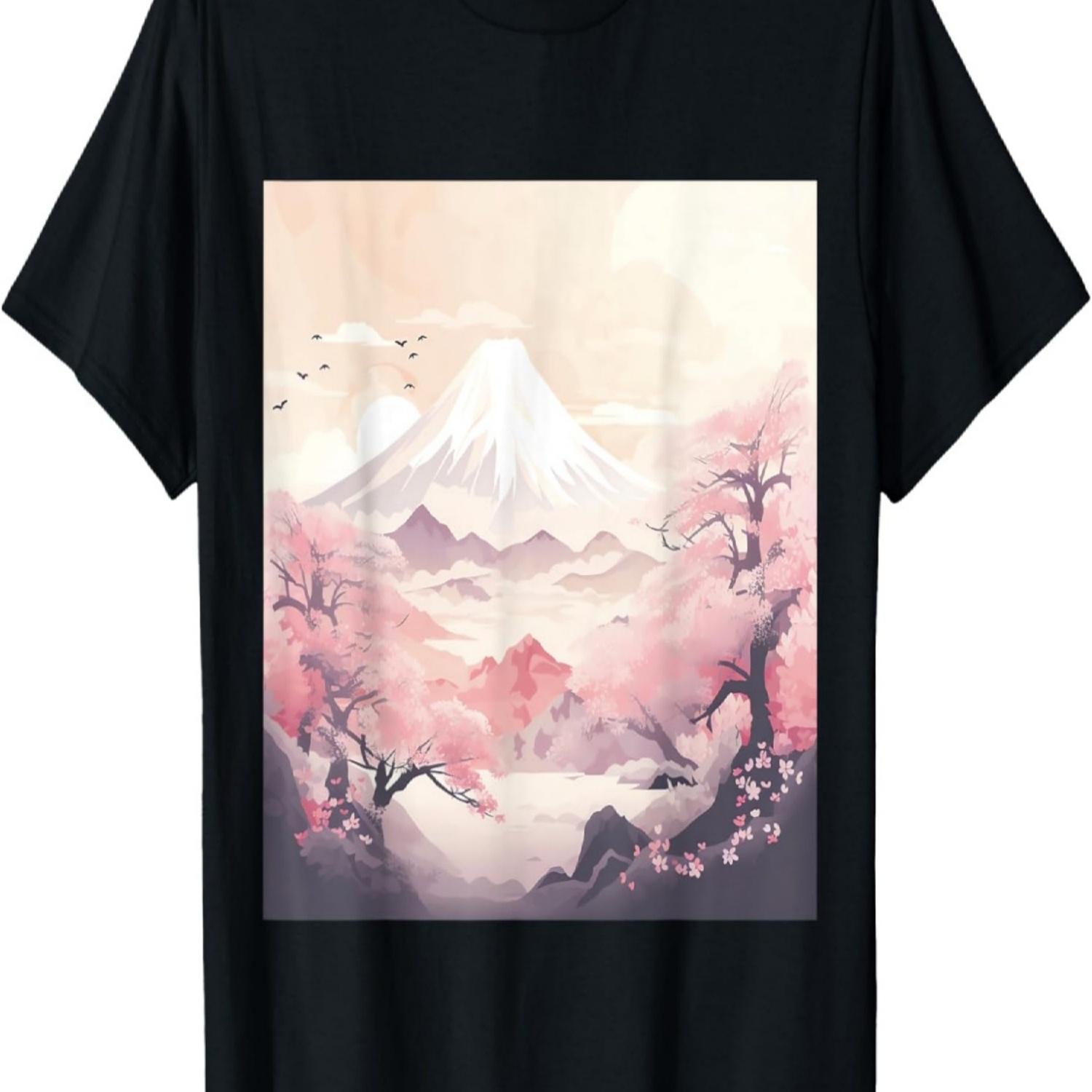 Pastel Whispers Mountain Serenade with Cherry Blossoms T-Shirt S чёрный