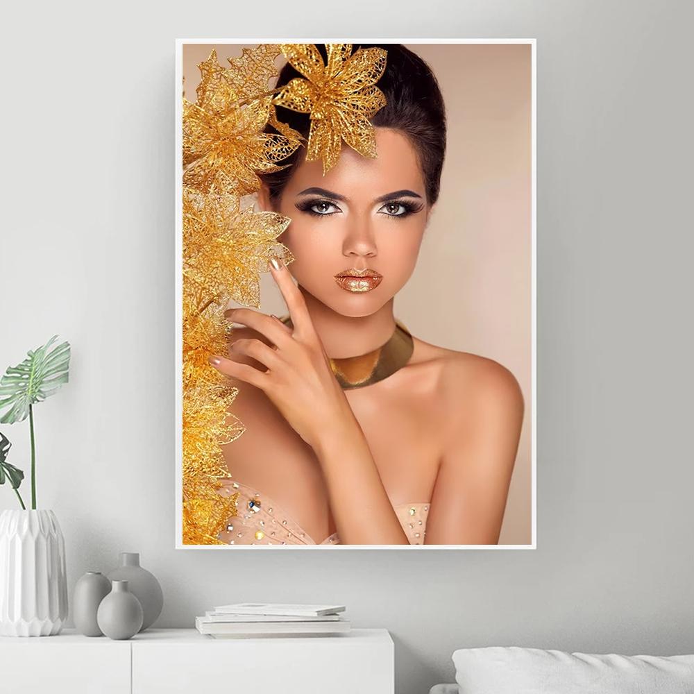Portrait of a beautiful woman with gold flowers, canvas printing, salon, wall art decor, posters, printers, fashionable home decor,