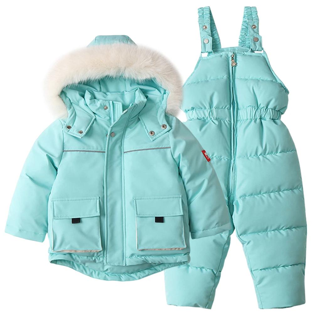 

Зимний детский лыжный костюм 2 предмета 2-5 лет для мальчиков Утепленные куртки с капюшоном на меховой подкладке + Комбинезон Комплект Теплый сноубордический костюм для девочек 110(4T) синий