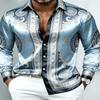 Men Silky Satin Button‑Down Shirt Vintage Silver Baroque Medallion Pattern Long Sleeve Turn‑Down Collar Male Banquet Party Casua
