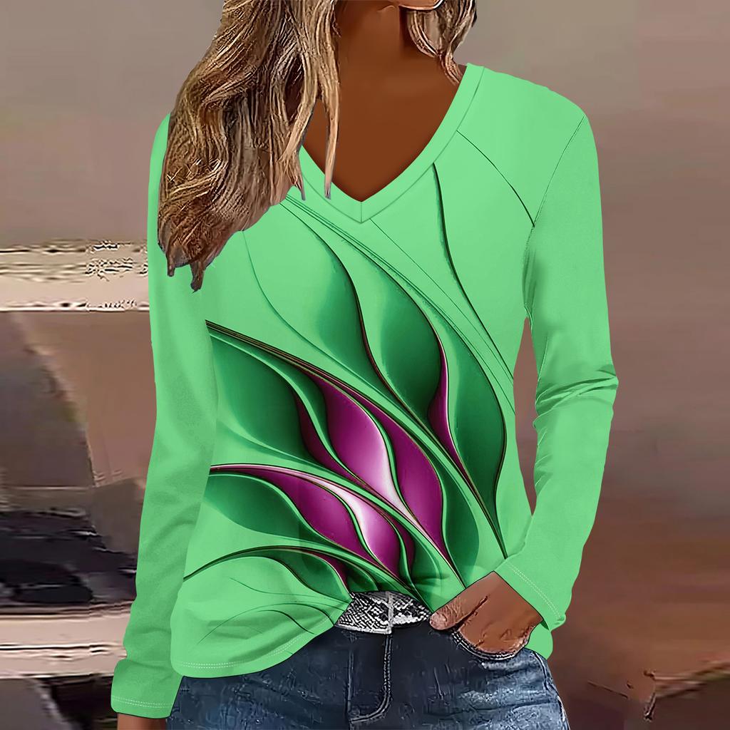 Halloween Fashion Geometric Pattern 3D Print  V-Neck Long Sleeve T-Shirt Casual Top Polyester Breathable Women's Apparel Tops