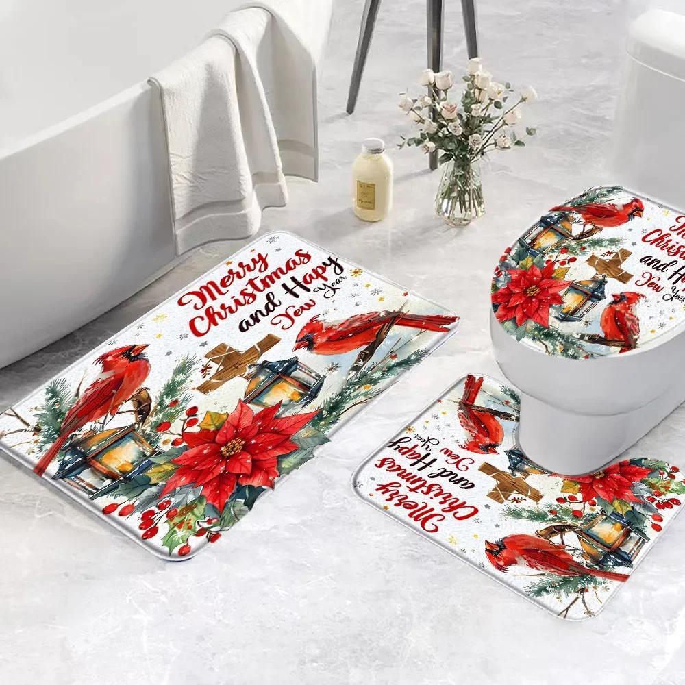 Set di 3 Tappetini da Bagno Natalizi Pupazzo di Neve Babbo Natale Scena Invernale con Neve Rosa Regalo Festivo Tappetino da Bagno Copri WC Decorazione Bagno