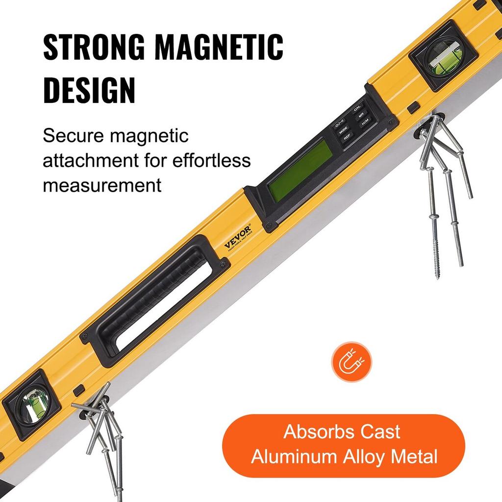Magnetic Torpedo Level, 600mm, LED Backlit Screen Mechanical Bubble Vials Ruler for 0-360 Degree, Gravity Sensor Aluminum Alloy Leveler Tool w/