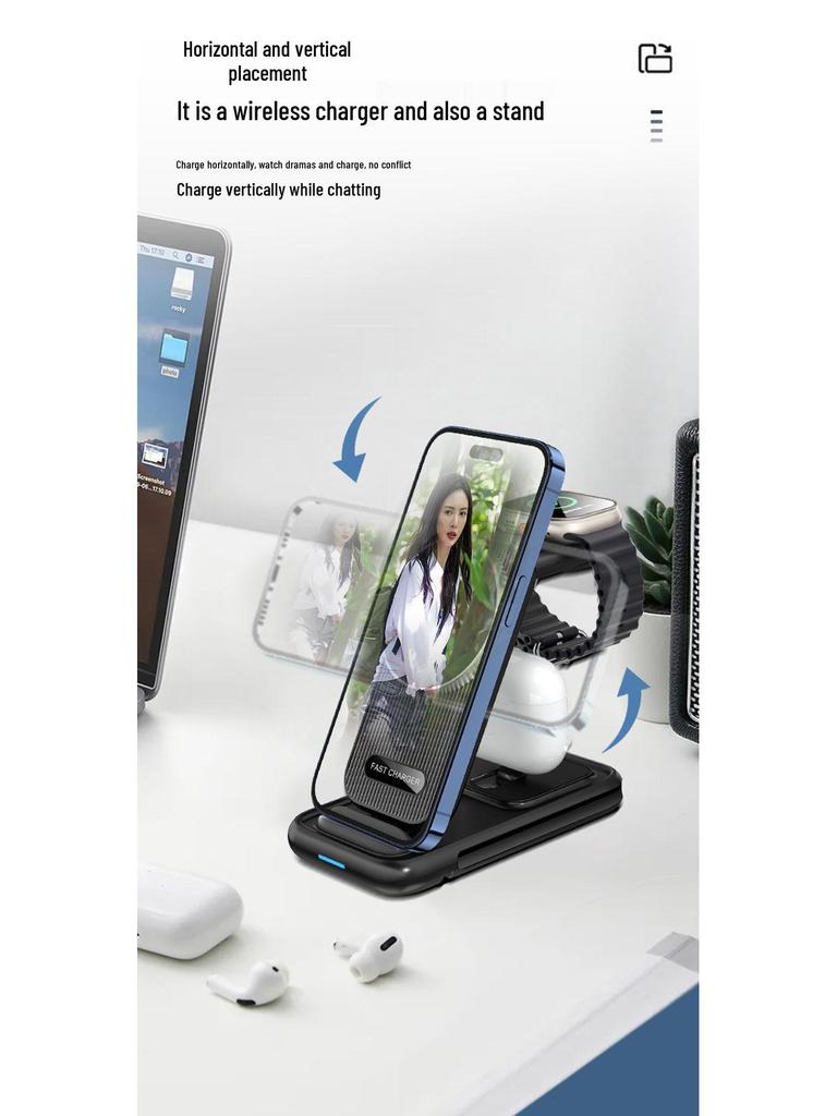 3-in-1 Foldable Wireless Charging Stand with Magnetic Cable for Fast Charging