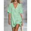 Summer Women's Loose V-Neck Short Sleeve Button Cotton Linen Dress, Casual European American Style Fashion Dress