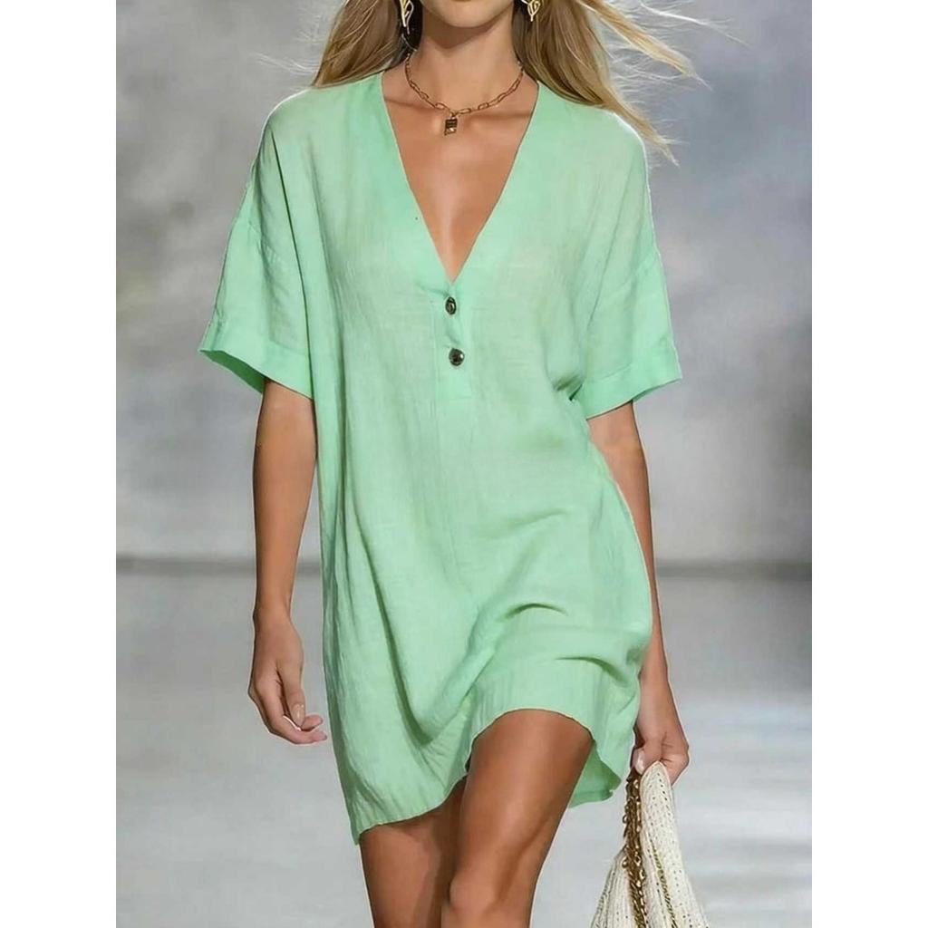 Summer Women's Loose V-Neck Short Sleeve Button Cotton Linen Dress, Casual European American Style Fashion Dress