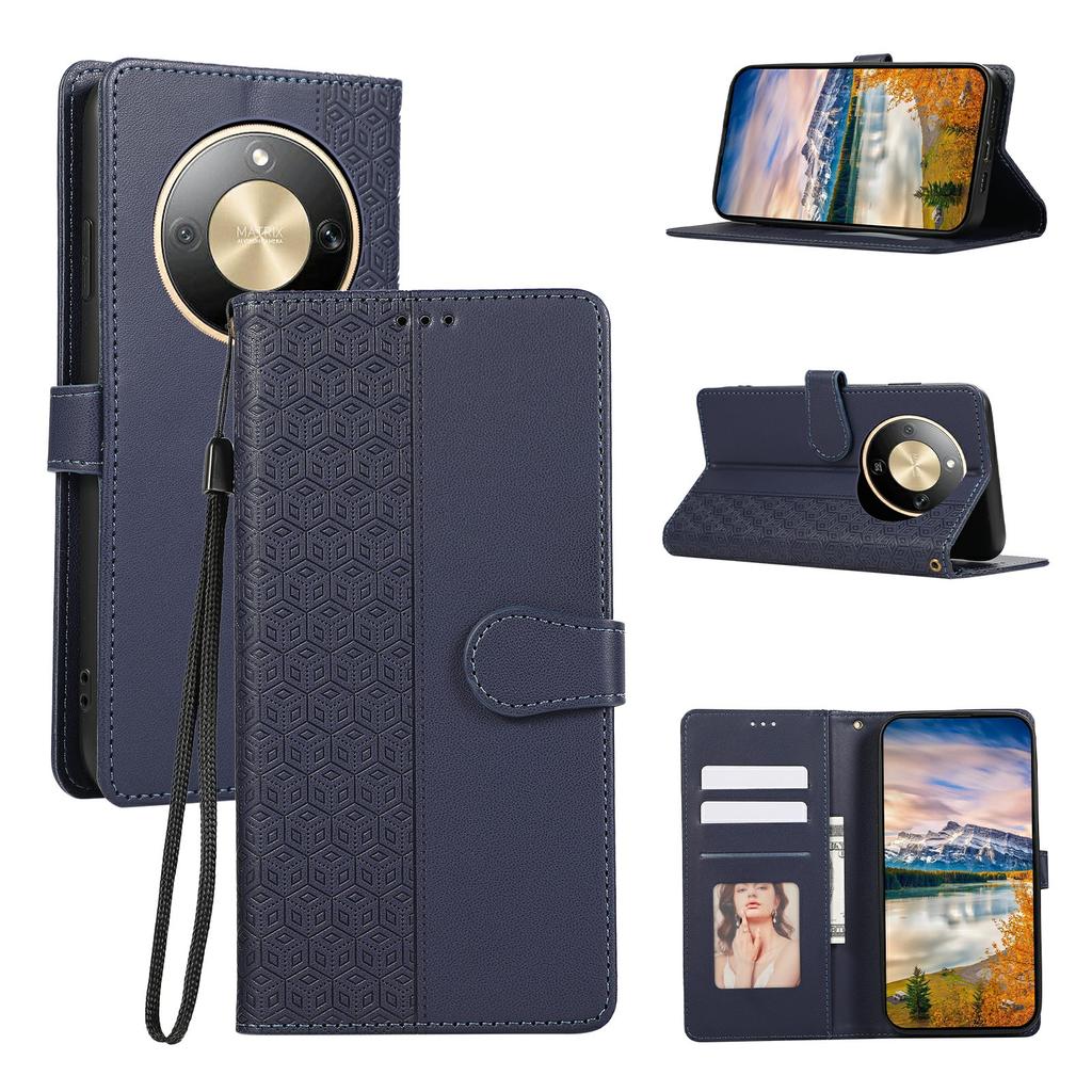 Phone Case For Honor Magic8 Lite 5G / X9d 5G / X70 5G Splicing Imprinted Rhombus Leather Cover with Wrist Strap