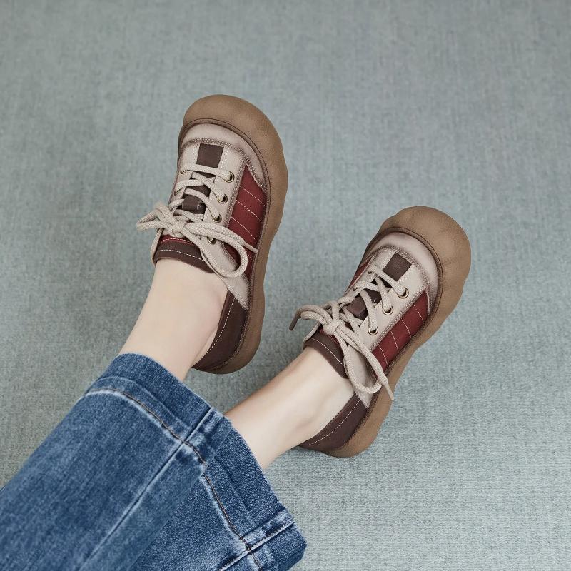 Johnature Genuine Leather Mixed Colors Casual Shoes Versatile Soft Soled Lace-up Flat Women's Shoes