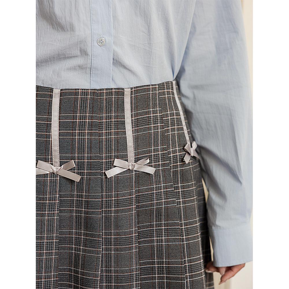 Korean Plaid Bow Smocked Midi Skirt - Plus Size High Waist Slimming Pleated Skirt