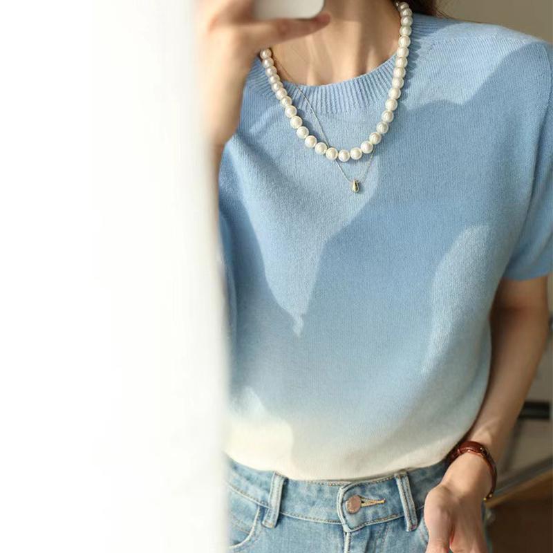 Women's Tops Gradient Colour Short Sleeve Knit Sweater Round Neck Loose Bottom Shirt