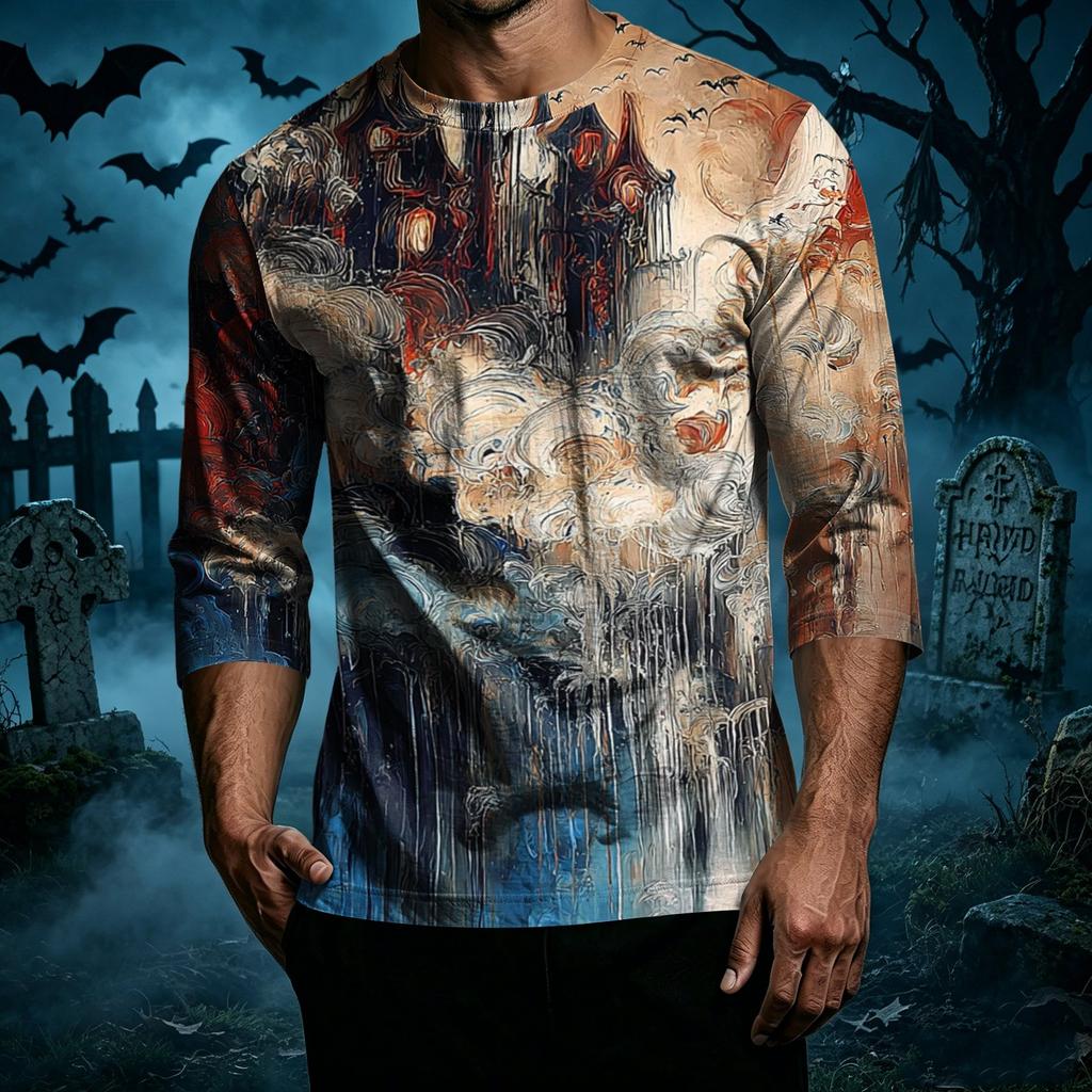 Men's Casual Halloween Print Crew Neck T Shirt Three Quarter Sleeve Top with Graphic Design for Seasonal Wear