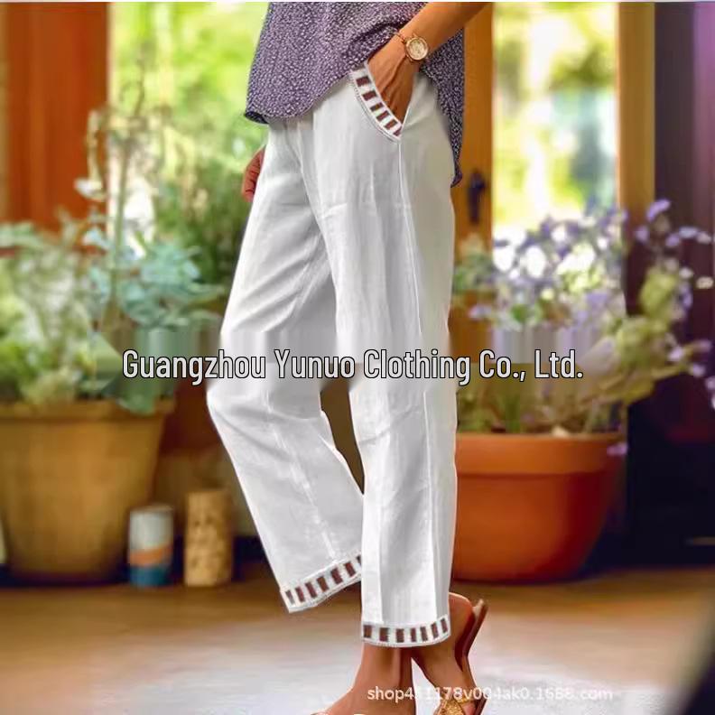 

2024 Женские повседневные брюки из хлопка и льна с кружевом, прямого кроя L белый