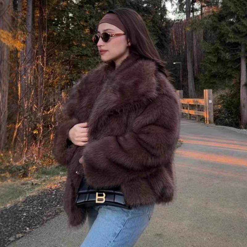 Imitation fur jacket temperament large lapel collar fox fur coat brown black tip versatile fur coat