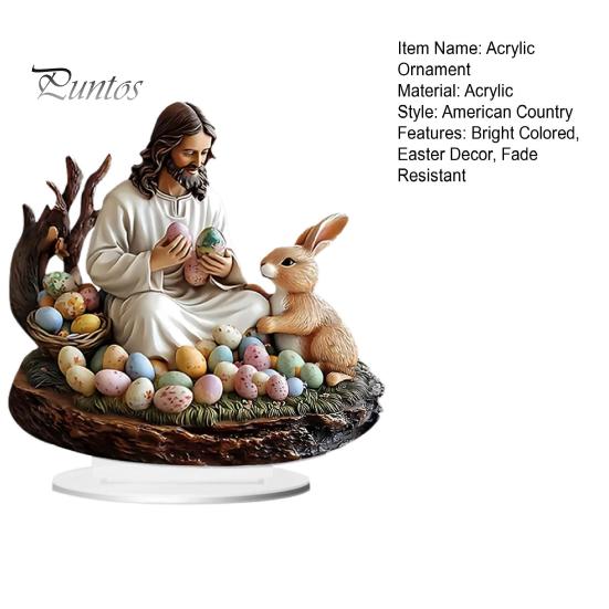 Ozdoba velikonočního zajíčka 2D plochá akrylová stolní dekorace Ježíš a králík Barevná vejce Ornament se základnou pro domácí velikonoční párty