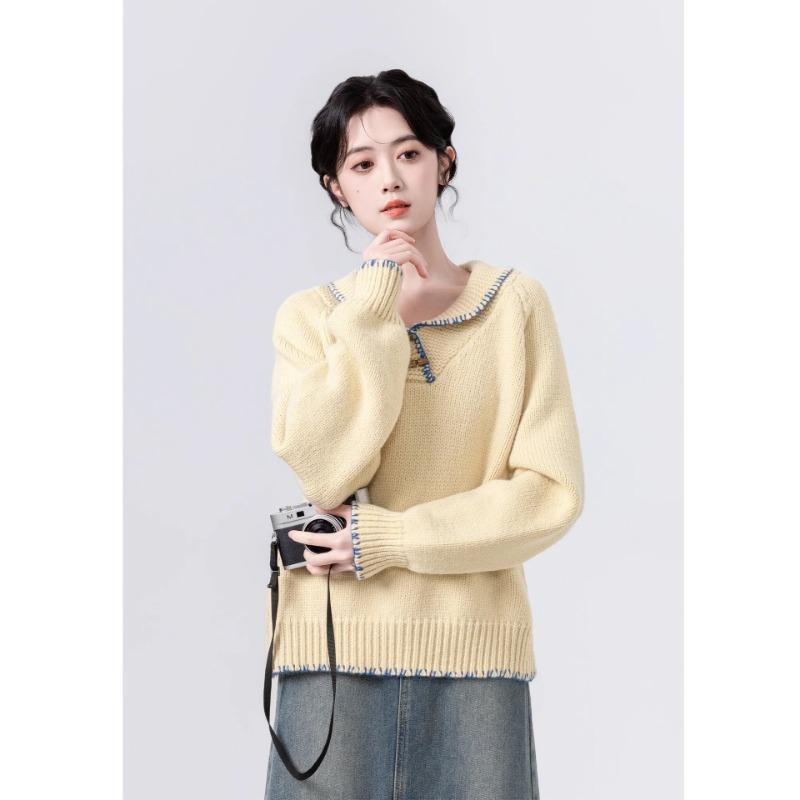 Gelber Reverskragen Damen Strickpullover Einzigartige Schnalle Modisches Damenoberteil Koreanischer Lässiger Lockerer Pullover