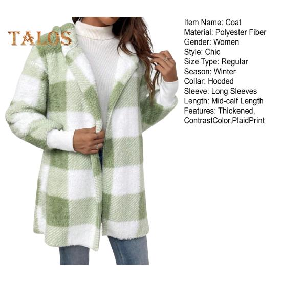 Wintermantel für Damen, Kontrastfarbe, Karomuster, dick, doppelseitig, mit Kapuze aus Samt, offene Nähte, elastische Bündchen, lockerer, warmer Mantel