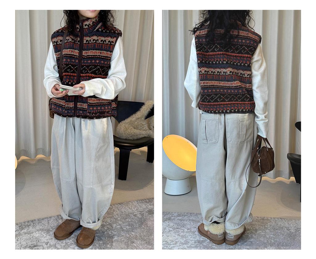 Louvre Winter Japanese Style Elastic Fleece Wide-Leg Balloon Pants - Women's Relaxed Fit