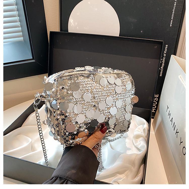 

Fashionable Soft Shiny Sequined Women s Chain Bag Stylish Large Capacity Crossbody Bag Available In Black Purple Silver срібний