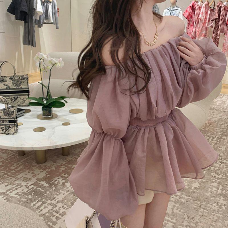 WTEMPO Off Shoulder Sexy Chic Sweet Crop Top Damen Sommermode Casual Lange Rüschenärmel Lose Fee Kawaii T-Shirt