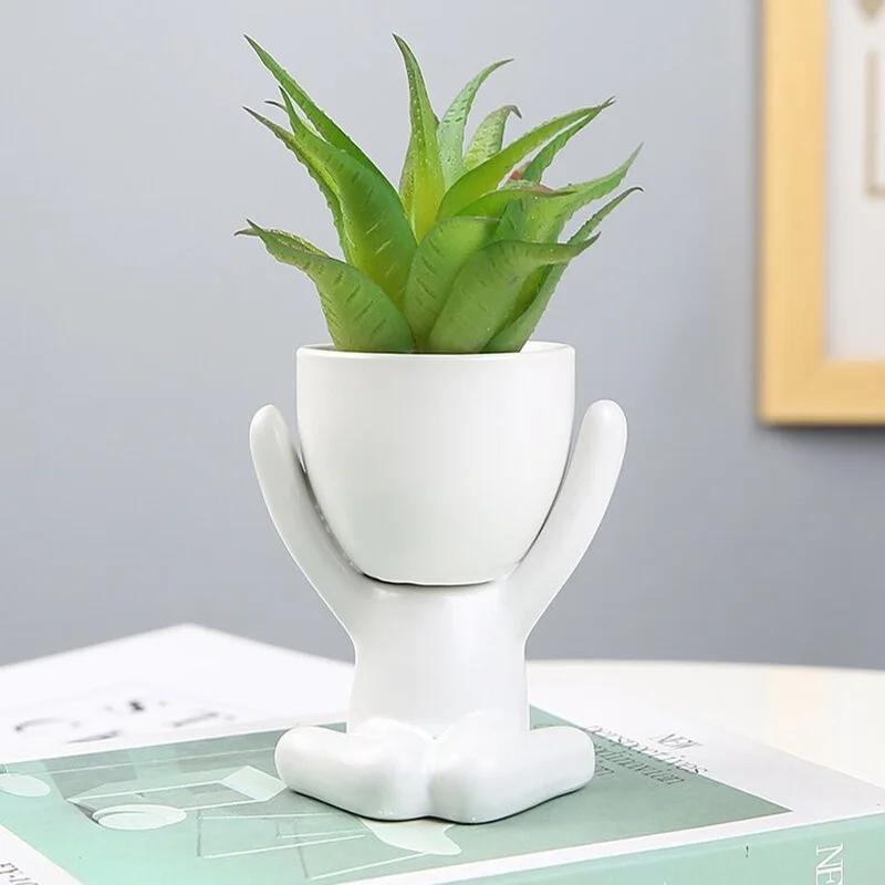 Mini Decorative Pots for Plants Human Shaped Ceramic Succulent Planters Cute Cactus Flower Pots with Drainage for Desktop Home