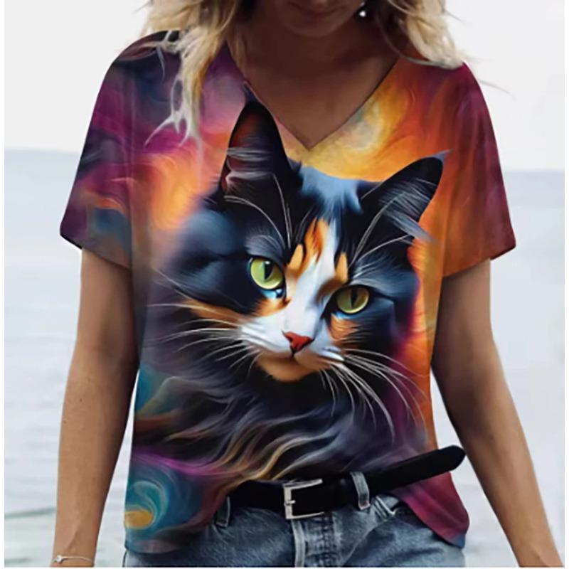 Women's V-Neck Short Sleeve T-Shirts Animals Printed Summer Clothing Cute Cartoon Cat Woman Tshirts Oversized Tops Clothing Tops