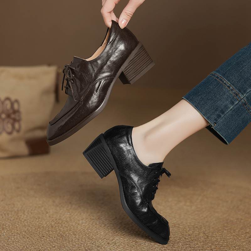 Krazing Pot Sheepskin Autumn Winter Shoes Lace Up Med Heels Size 42 Square Toe Brown Color Pumps