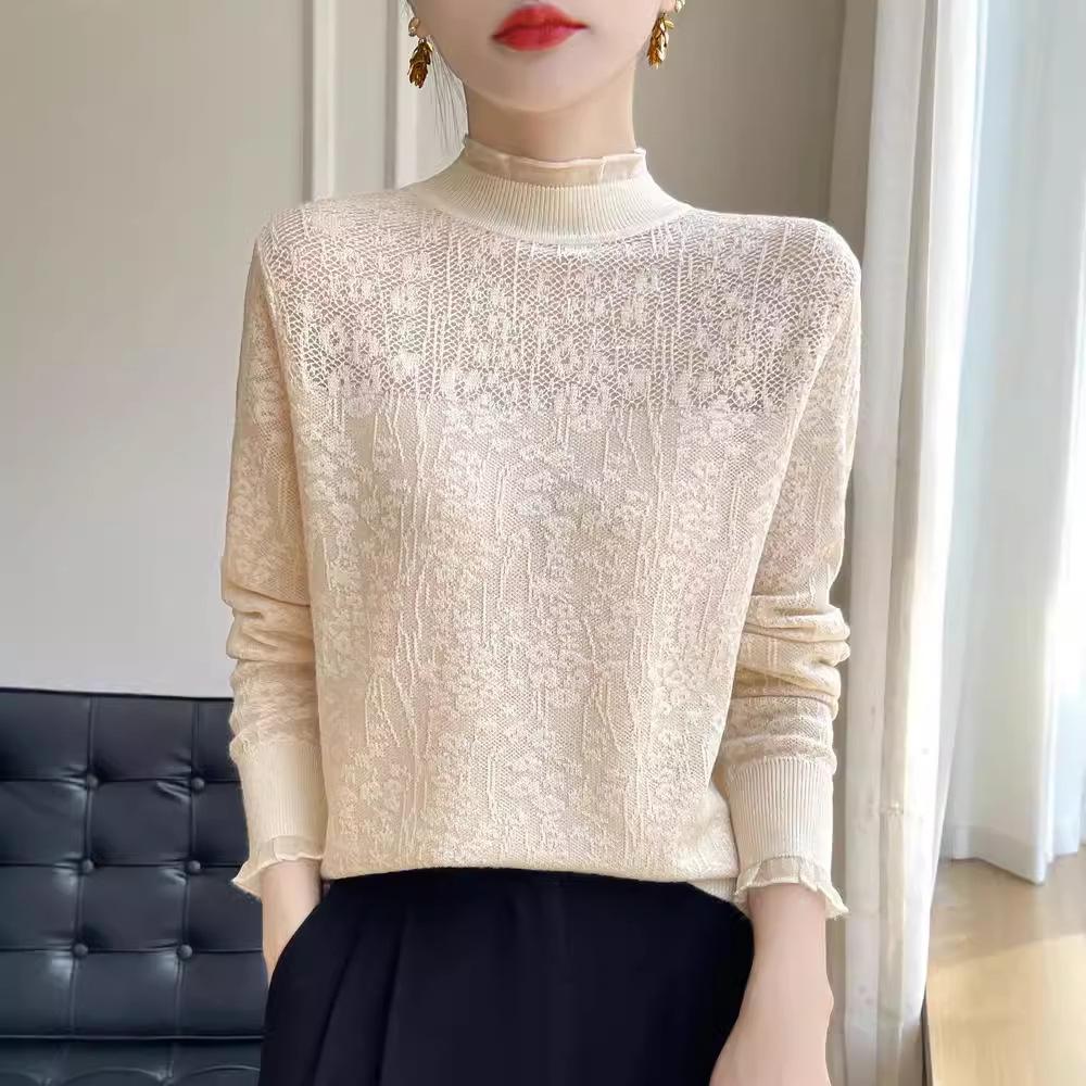 Autumn Winter Half High Collar Lace Crochet Sweet Sweater Women Ruffles Solid Color All-match Bottomed Knitting Top