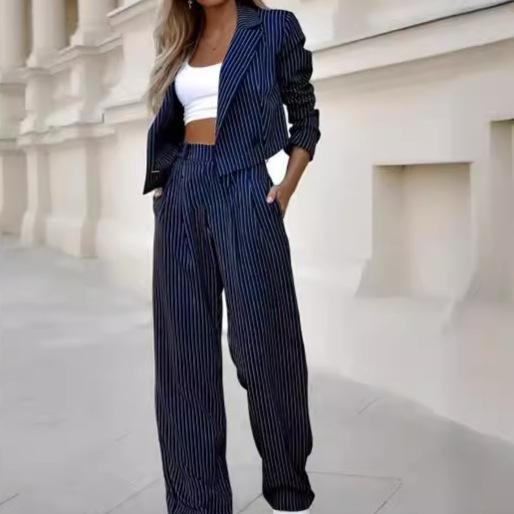 

Striped Crop Blazer and Wide Leg Pants Suit Set XXL