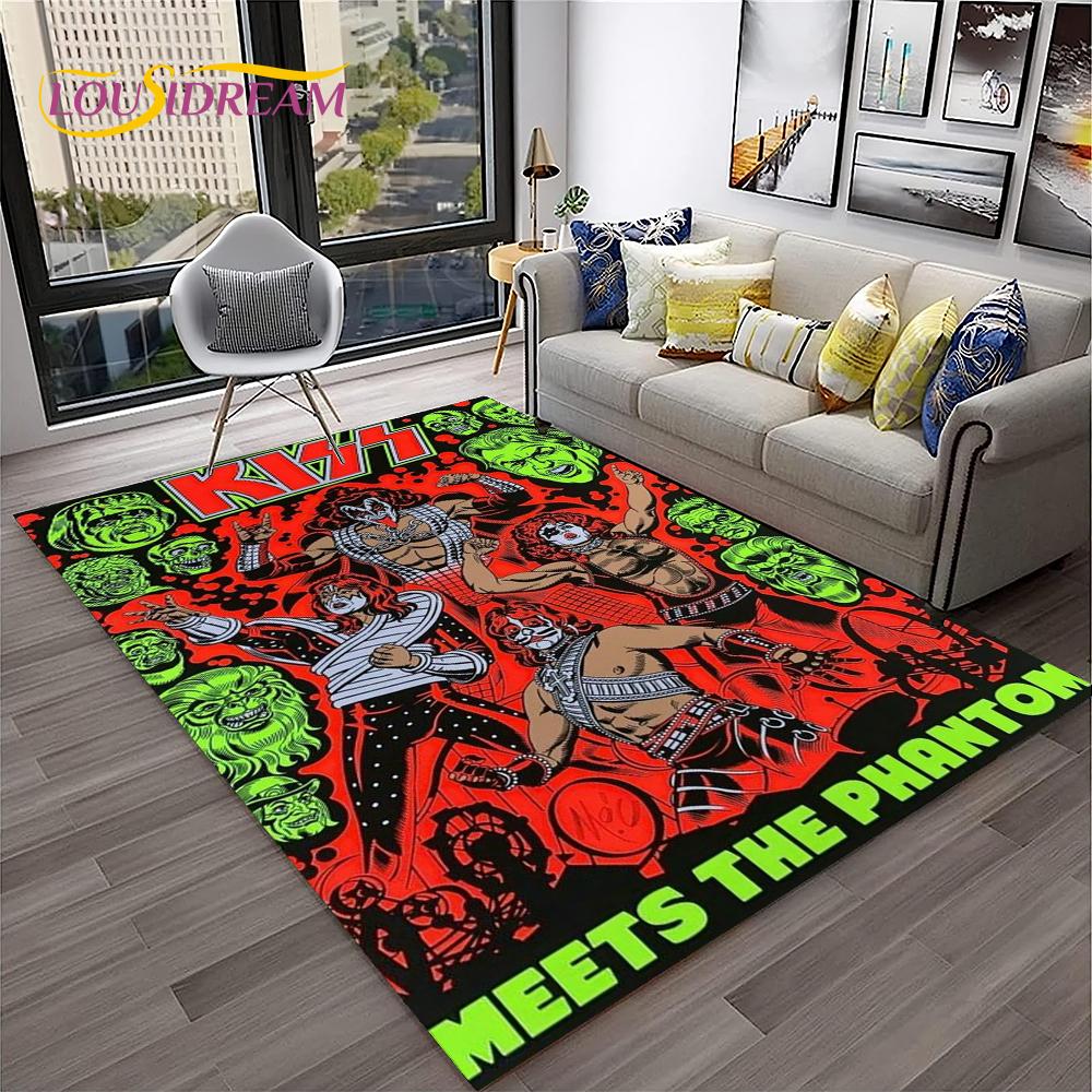 Retro Koberec KISS Rocková Kapela pro Domácí Obývací Pokoj Ložnici Hernu Pohovku Kuchyňskou Rohožku Dekor, Dětský Koberec Protiskluzová Podložka na Podlahu