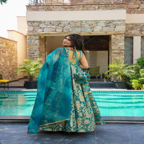 Teal Green Traditional Printed Lehenga Set with Dupatta