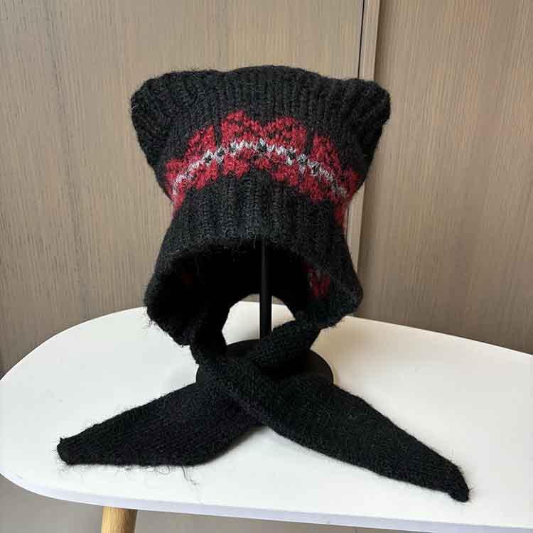 

Милая шерстяная шапка с медвежьими ушками, женская зимняя жаккардовая шапка с защитой ушей, шарф-шапка, интегрированная балаклава M（56-58cm） чёрный
