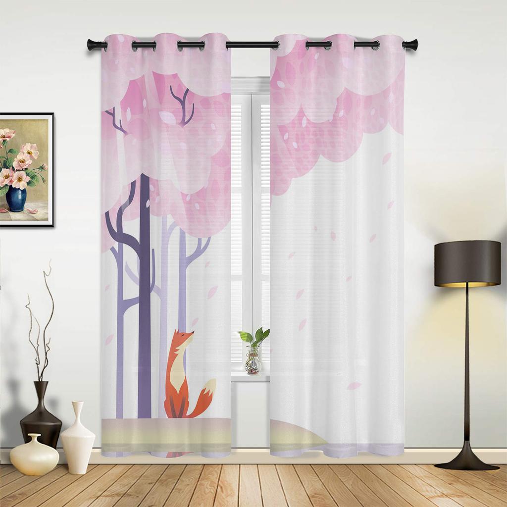 Illustration Cherry Blossom Fox Window Curtains Bedroom Kitchen Drapes Panel Curtains for Living Room Christmas Home Decor
